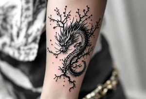 detailed dragon japanese style sakura trees abstract lines dark/rough aesthetic tattoo idea