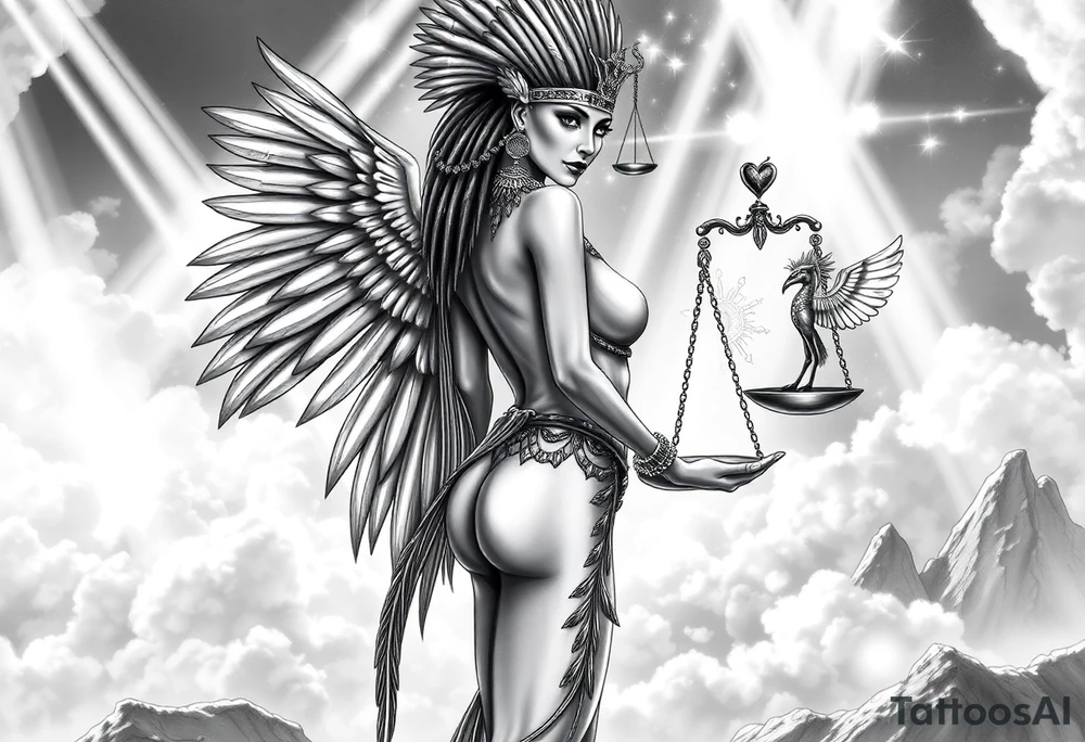A sensual, curvaceous Egyptian goddess stands with her back slightly turned, accentuating her figure. She wears an elaborate ostrich feather headdress and ornate, intricate ancient Egyptian jewelry draped across her body. Her expression is mysterious and confident. Large, ethereal wings extend from her back, glowing softly.
In one hand, she holds the Scales of Justice: one side holds a radiant, glowing heart; the other, Ma’at’s feather, both pulsing with mystical energy. The scales themselves shimmer with an otherworldly light.
The background is a surreal, heavenly landscape filled with luminous clouds and beams of divine light piercing through, creating dramatic contrasts of deep shadows and highlights. The entire scene is bathed in an ethereal, mystical glow, with a dreamlike, almost supernatural atmosphere. tattoo idea