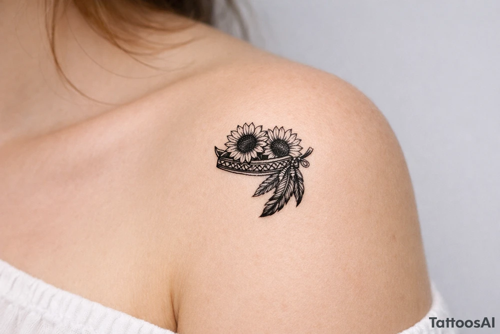 sunflowers with feathers and female Indian headband ribbon tattoo idea
