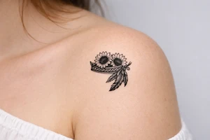 sunflowers with feathers and female Indian headband ribbon tattoo idea
