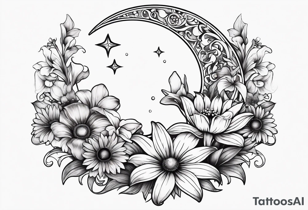 Crescent moon with daisy's, lily’s, crystals, and mushrooms tattoo idea