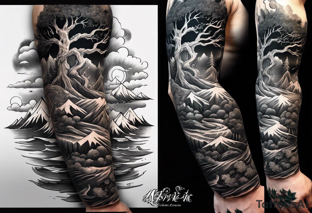 Full arm sleeve, tree going up to shoulder dead tree going down to wrist, wrapped in a serpent moving down with mountain, water, and demonic elements tattoo idea