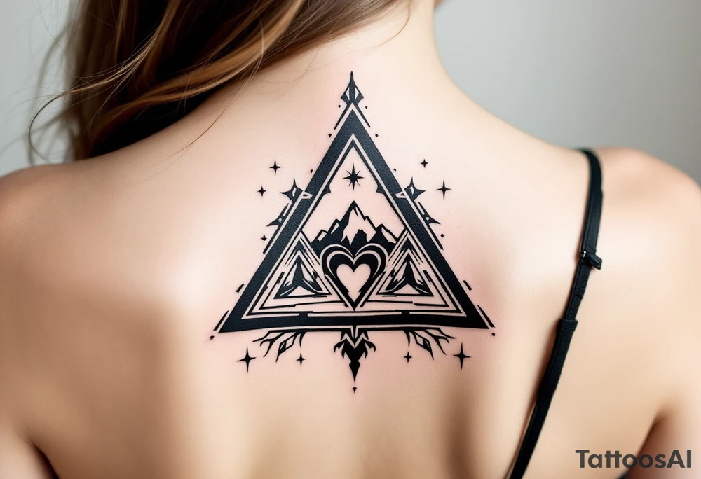 A triangle with a big heart in the cente with a mountain theme tattoo idea