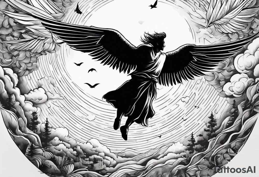 The man Icarus falling down from the sky with feathered wings with the sun up high tattoo idea