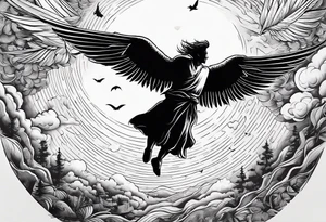 The man Icarus falling down from the sky with feathered wings with the sun up high tattoo idea