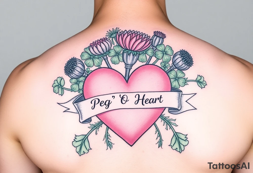 Bunch of Green shamrocks & thistles with a big pink heart and a banner across the heart that says " Peg 'o My Heart" tattoo idea