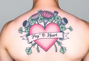 Bunch of Green shamrocks & thistles with a big pink heart and a banner across the heart that says " Peg 'o My Heart" tattoo idea