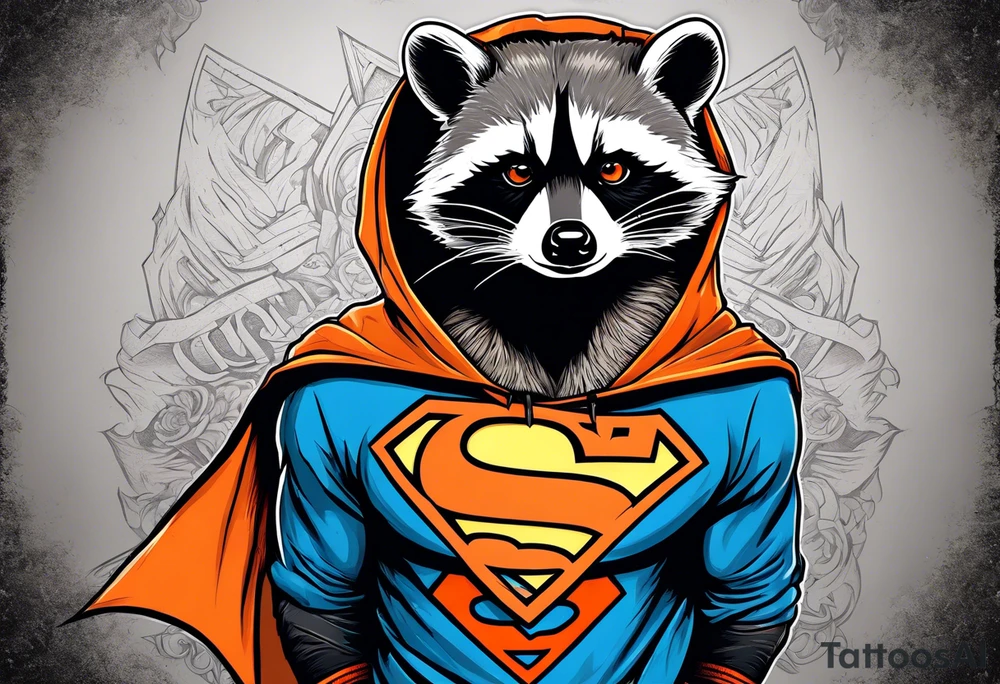 Raccoon wearing an orange Superman hoodie tattoo idea