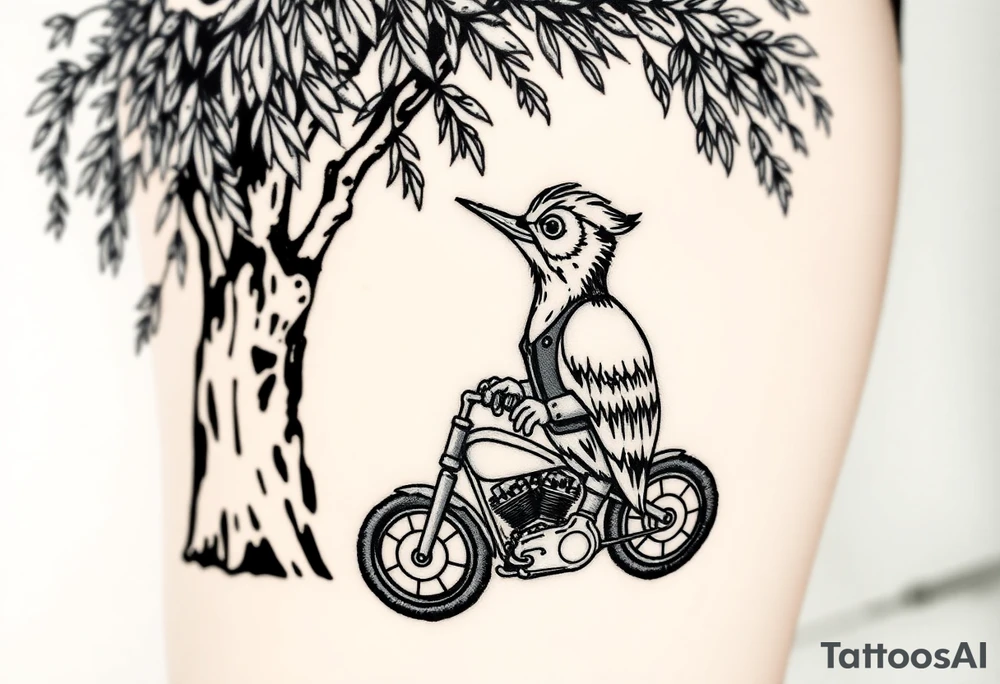 Woody the woodpecker wearing a leather vest that says peckerwoods, on a Harley Davidson under a willow tree, gazing in love at a barn owl tattoo idea