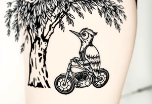 Woody the woodpecker wearing a leather vest that says peckerwoods, on a Harley Davidson under a willow tree, gazing in love at a barn owl tattoo idea