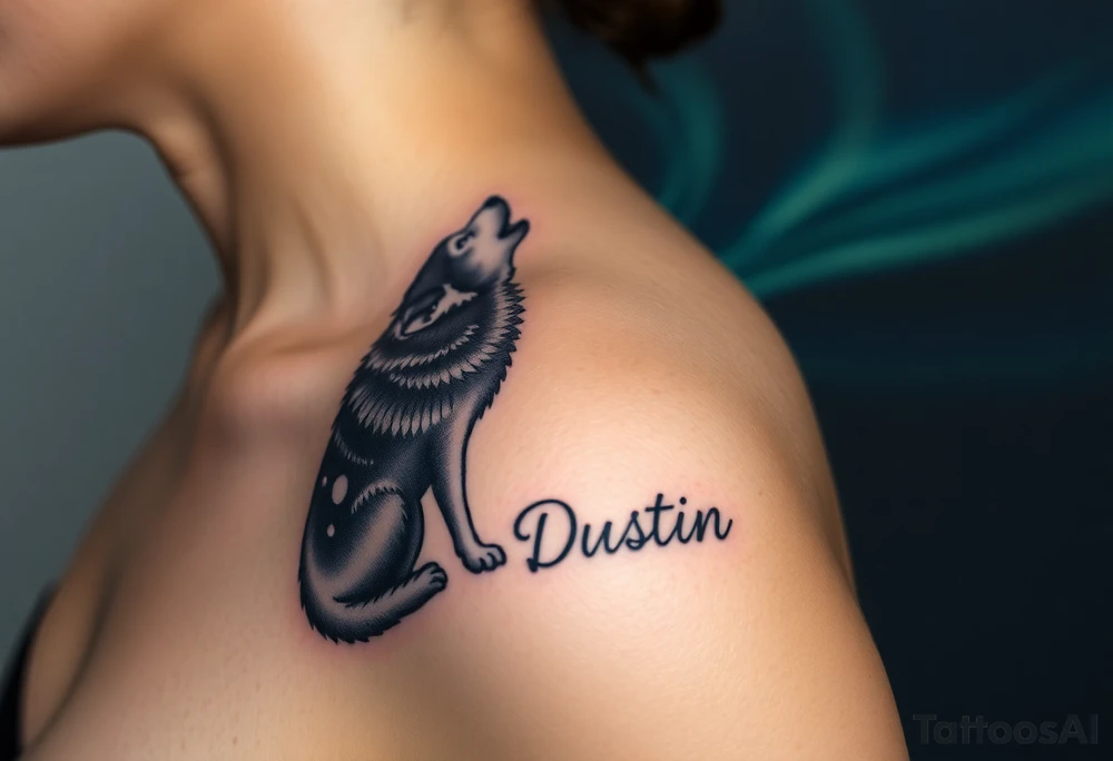 lone wolf howling at full moon with northern lights backdrop with name Dustin in it tattoo idea