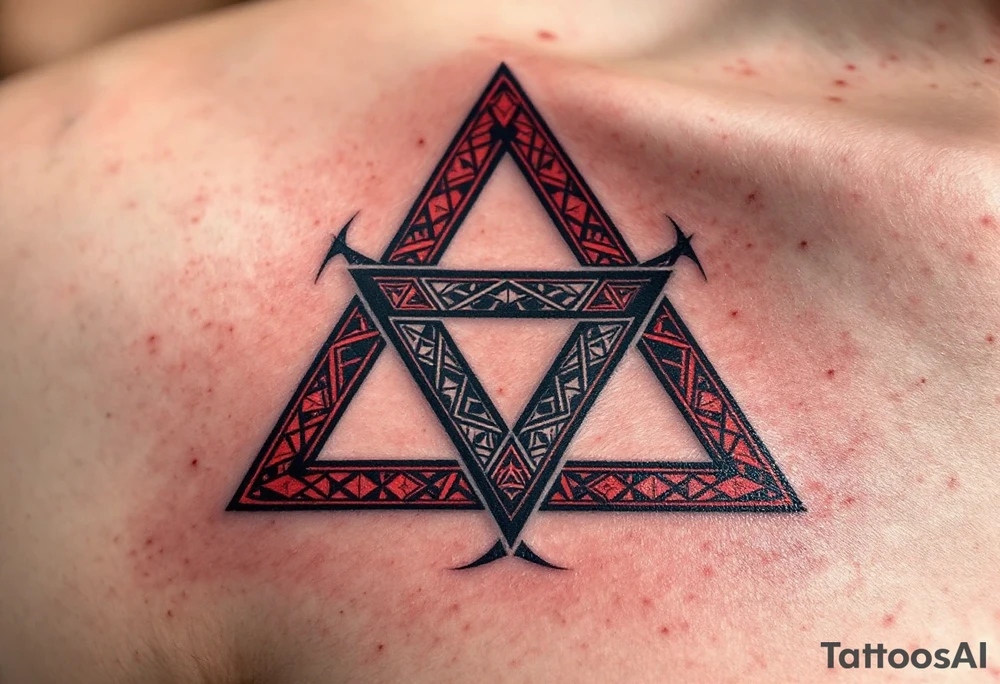 A bold triquetra, filled with deep red and black patterns tattoo idea