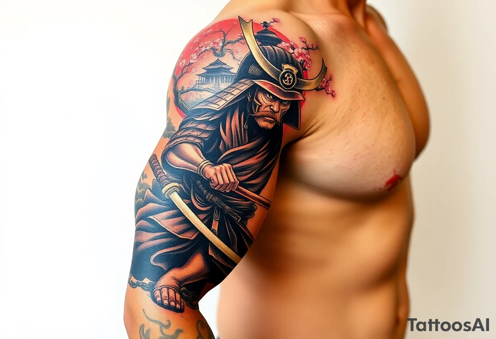 Samurai in a fighting position on the forearm with a cherry blossom tree on the shoulder. Background should be some cherry blossoms with a japanese village in the background. tattoo idea