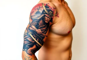 Samurai in a fighting position on the forearm with a cherry blossom tree on the shoulder. Background should be some cherry blossoms with a japanese village in the background. tattoo idea