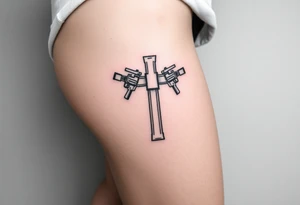 Cross with guns and 
money tattoo idea