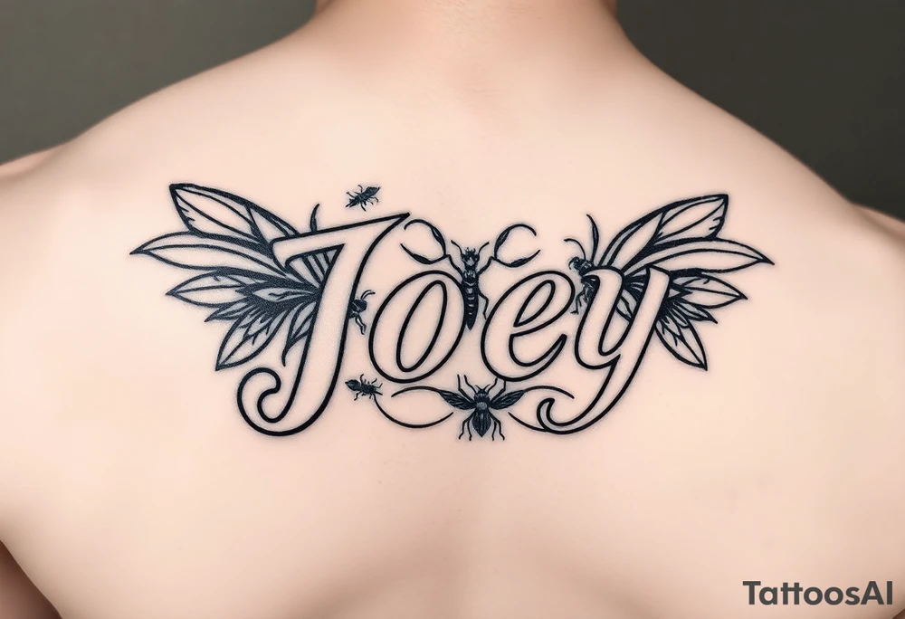 Ornamental tattoo with the name Joey incorporated into the linework, give it some bugs and make it a stencil for my leg tattoo idea