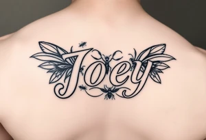 Ornamental tattoo with the name Joey incorporated into the linework, give it some bugs and make it a stencil for my leg tattoo idea