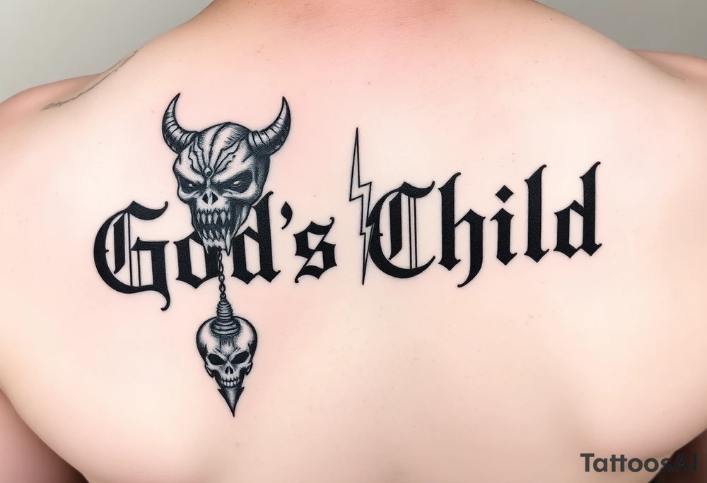 “God’s Child” going down forearm. With lighting bolt shaders in the background. With demon mask hanging off the “l” in “Child”. With lightning bolt going through the demon mask hanging off. tattoo idea