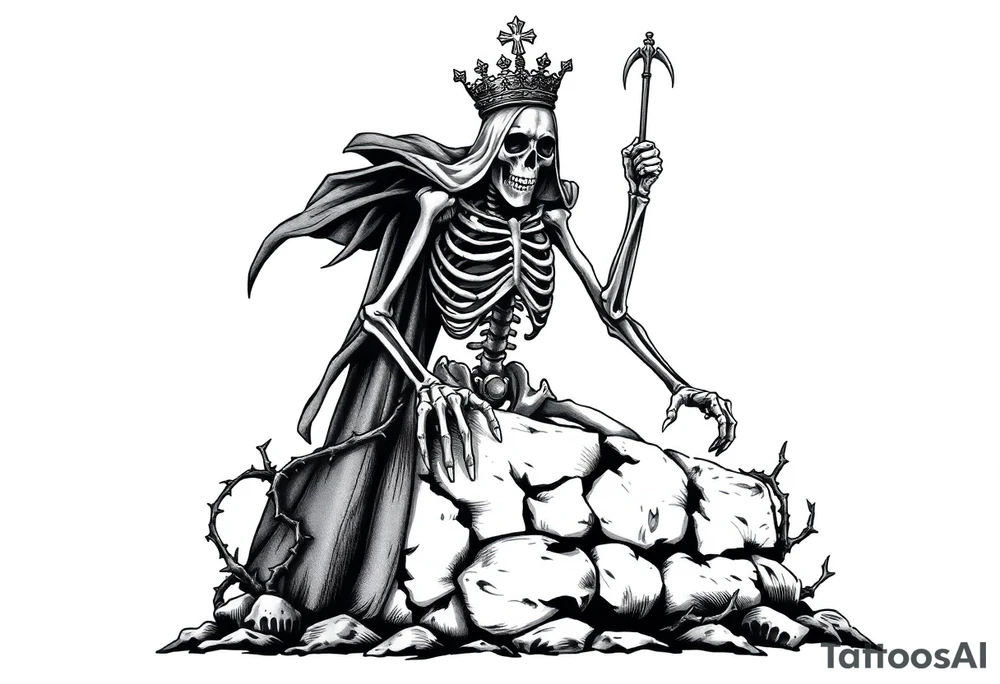 A crowned skeletal warrior rising from a stone barrow, cloaked in shadows and thorns. tattoo idea