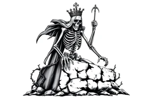 A crowned skeletal warrior rising from a stone barrow, cloaked in shadows and thorns. tattoo idea