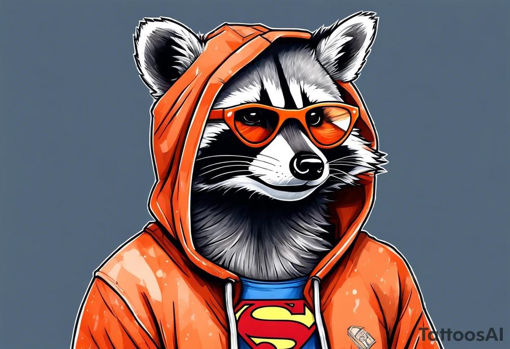 Raccoon wearing an orange Superman hoodie tattoo idea