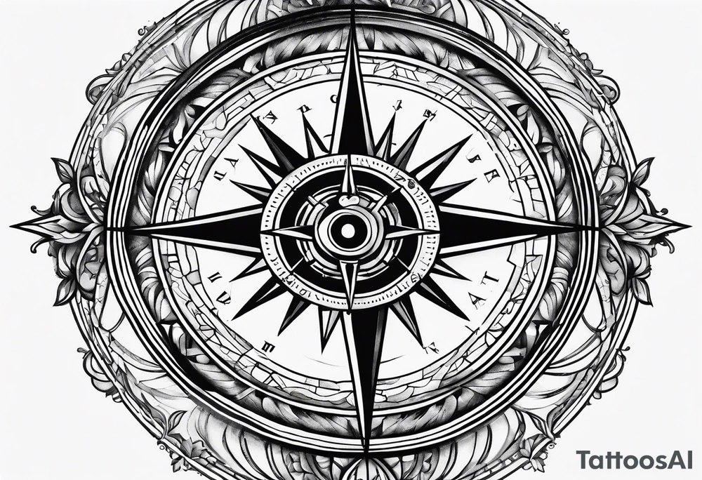 A black and white detailed compass tattoo idea