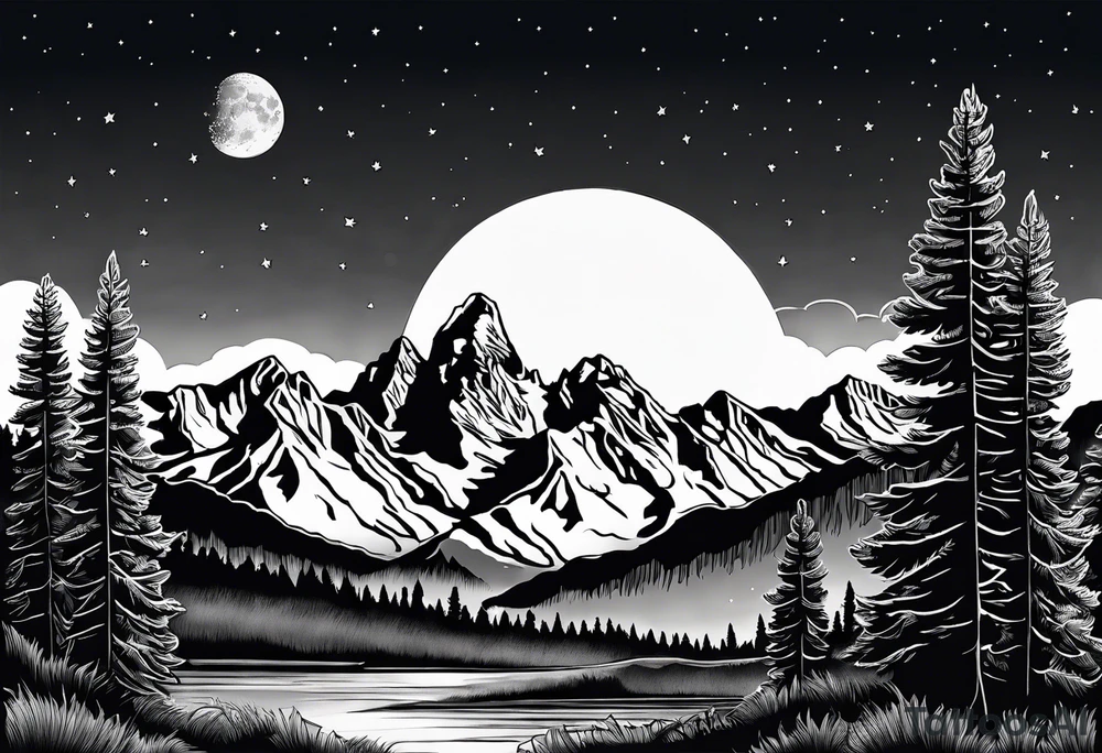 Half sleeve of Teton mountain range, moon In the sky and trees lining the bottom of tattoo tattoo idea
