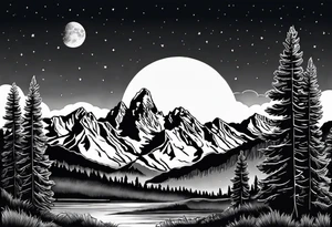 Half sleeve of Teton mountain range, moon In the sky and trees lining the bottom of tattoo tattoo idea