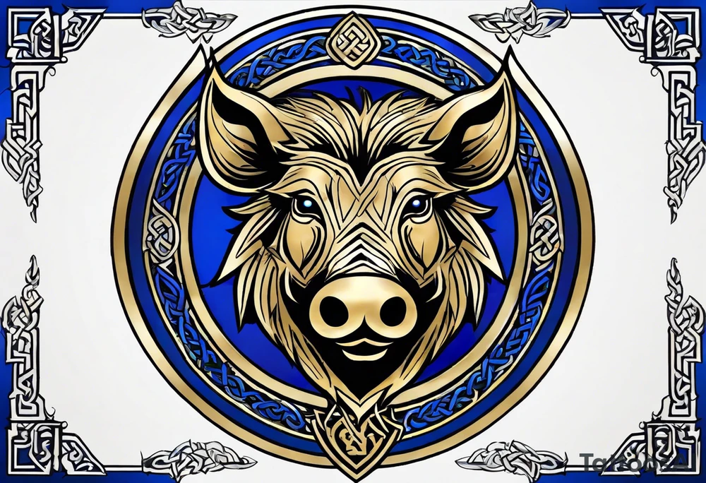 A classic tribal Celtic boar Integrated with a Chatwin, family crest and a Thistle. Simple with few lines. Blue and gold Chevron Chatwin family crest With the name, Chatwin and a Thistle tattoo idea