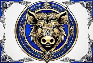 A classic tribal Celtic boar Integrated with a Chatwin, family crest and a Thistle. Simple with few lines. Blue and gold Chevron Chatwin family crest With the name, Chatwin and a Thistle tattoo idea