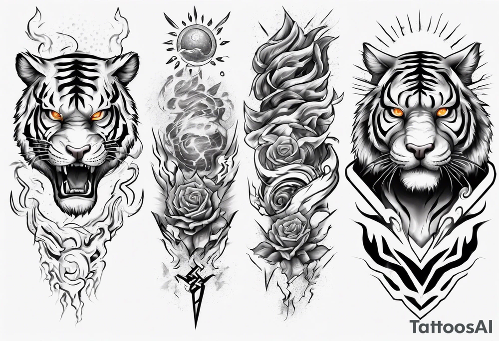 Tiger Warrior sleeve tattoo with lightning and the sun
Forearm sleeve tattoo idea