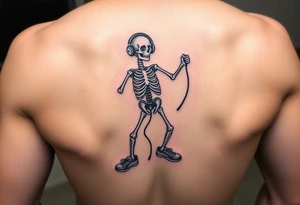 Funny small skeleton exercises on a jump rope with a headphones colorful tennis shoes tattoo idea
