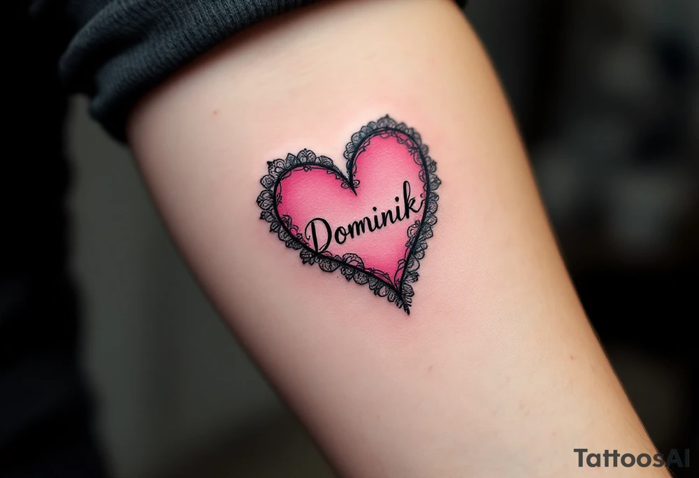 A solid pink heart with lace-like details and the name Dominik in script. tattoo idea