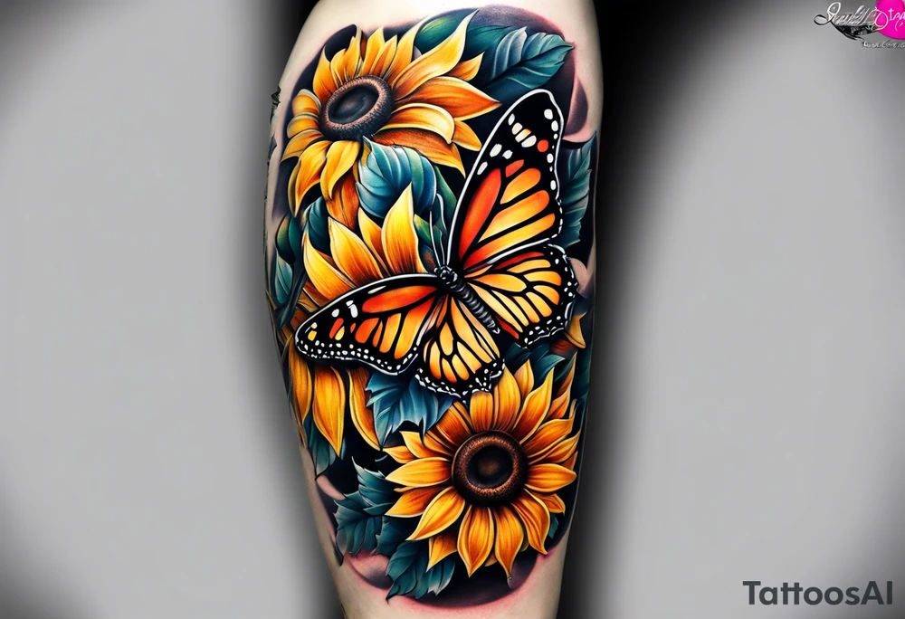 Sunflower and butterfly leg sleeve tattoo idea