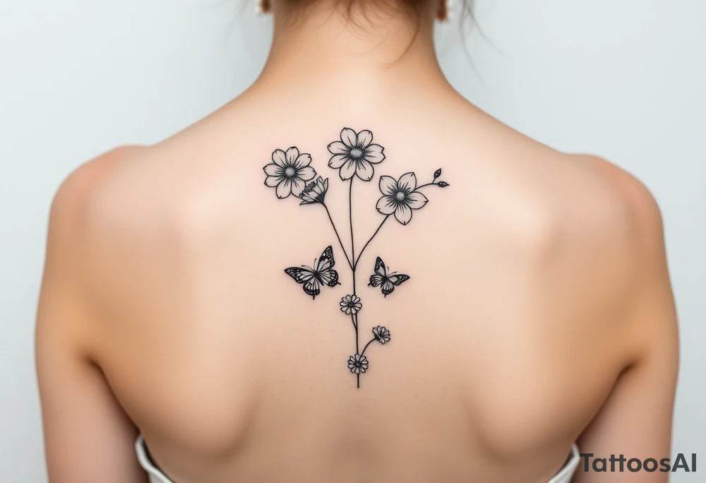 5 flowers 
Water lily, honeysuckle, narcissus, violet and a daisy on top of vertical line

Small butterflies tattoo idea