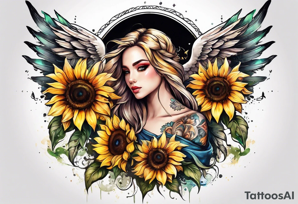 Sunflowers and angel wings leg sleeve tattoo idea