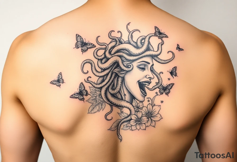 Side portrait of Medusa with snakes heads, floral background and butterflies tattoo idea