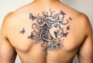 Side portrait of Medusa with snakes heads, floral background and butterflies tattoo idea