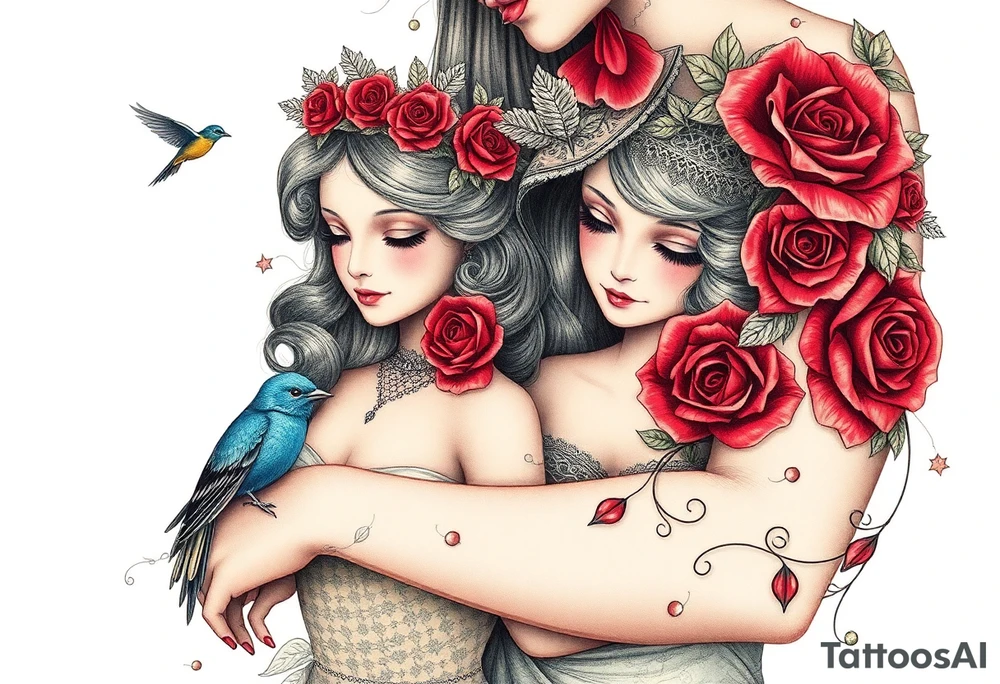 Vintage dollies, red roses, lace, red bird, close together, very vintage tattoo idea