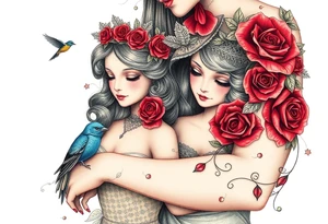 Vintage dollies, red roses, lace, red bird, close together, very vintage tattoo idea