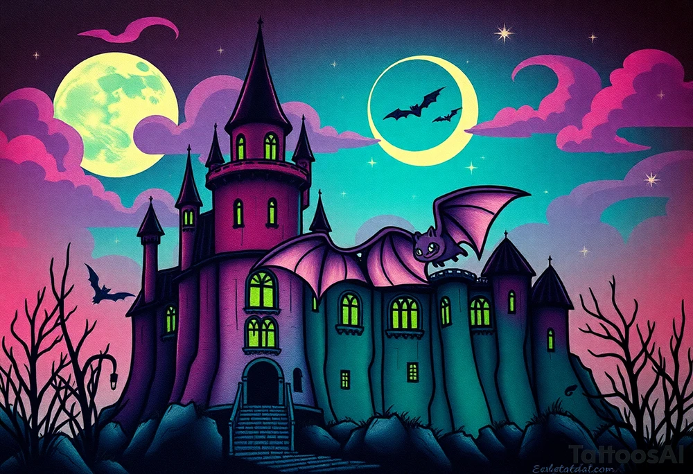 Tim Burton’s haunted castle is abandoned and dripping with muted reds, dusty pinks, and eerie green glow.purple and cyan smokey clouds swirl in the crescent moonlit sky thats sprinkled with stars under the castle an adorable kawaii bat spreads its wings tattoo idea tattoo idea