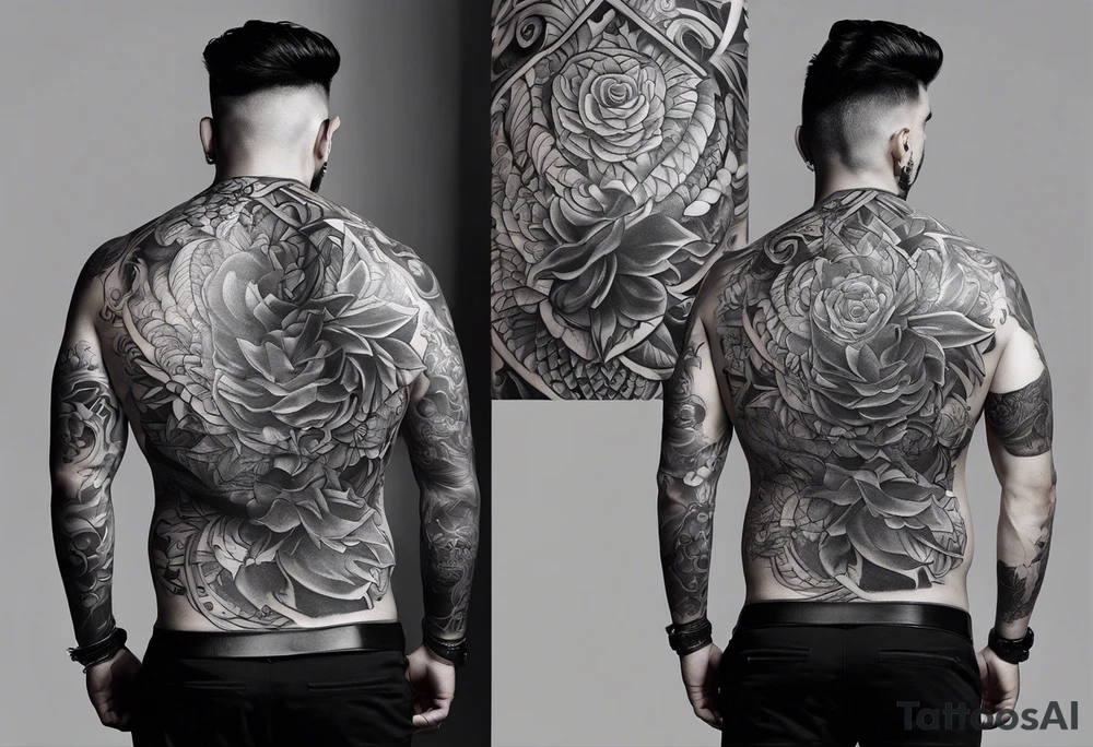An aesthetic but unpretentious tattoo that is placed on the upper back of a male. It should represent religion, discipline, pain and the love to animals. tattoo idea