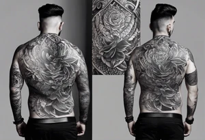 An aesthetic but unpretentious tattoo that is placed on the upper back of a male. It should represent religion, discipline, pain and the love to animals. tattoo idea