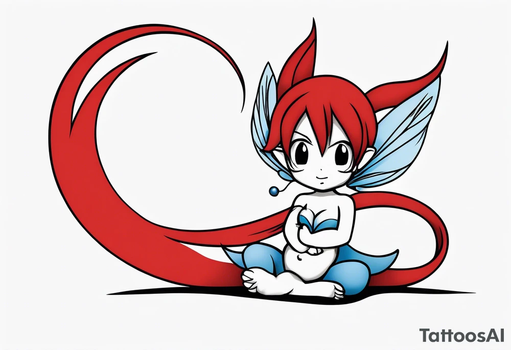 A fairy with a tail inspired by the logo of the show called Fairy Tail in a fetal position leaning in tattoo idea