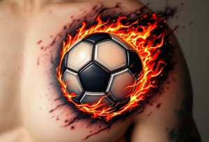 A hyper-realistic soccer ball on fire, shaded in deep reds, oranges, and black. tattoo idea