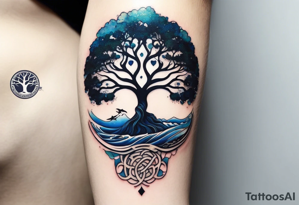 A tattoo of an abstract Tree of Life tattoo to be placed directly on the bicep of a woman. It can wrap around the arm a little. It should have roots growing out of the bottom. The roots slowly turn into water from the Great Wave by Hokusai. A golf flag should be placed discreetly growing out of the ground. 2 license plate tags should be hanging from the tree. Place a few music notes in the areas the leaves should be. The letters A U should be engraving into the tree trunk in a heart. Not inside a circle. The overall shape of the tattoo should be organic. Black and white only. tattoo idea