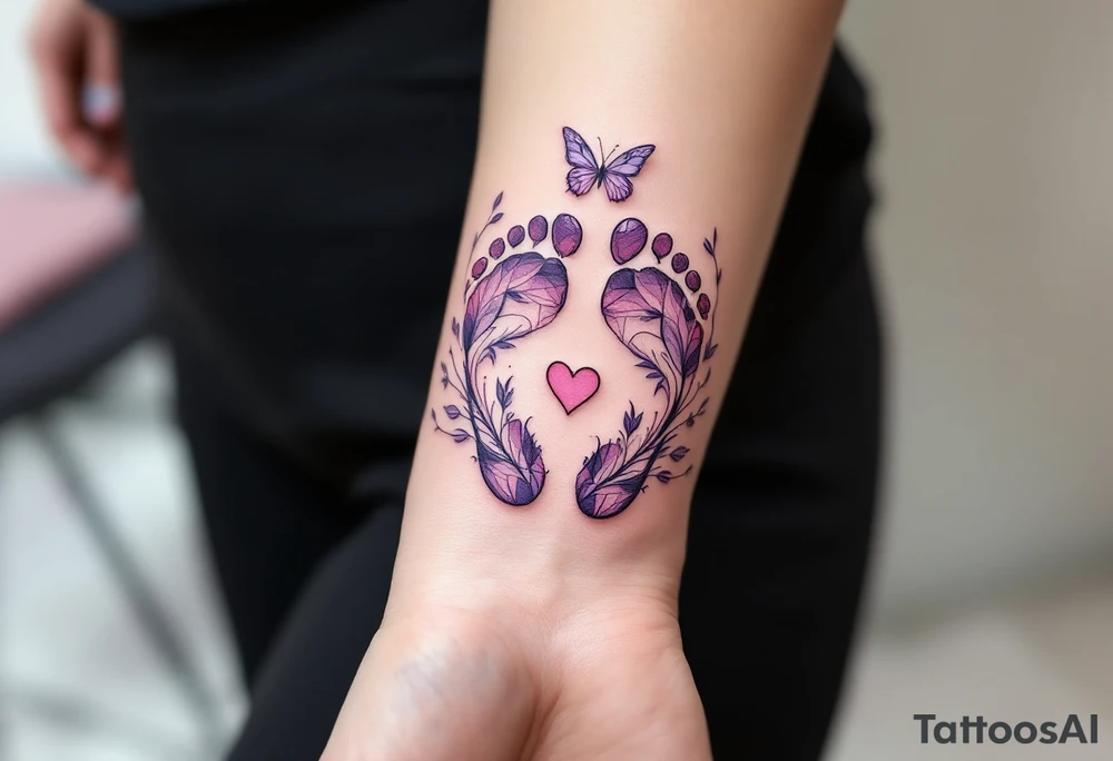 Pink and lilac footprints of Barbora, surrounded by a butterfly and heart, marking her transition into a graceful life. tattoo idea
