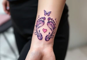 Pink and lilac footprints of Barbora, surrounded by a butterfly and heart, marking her transition into a graceful life. tattoo idea