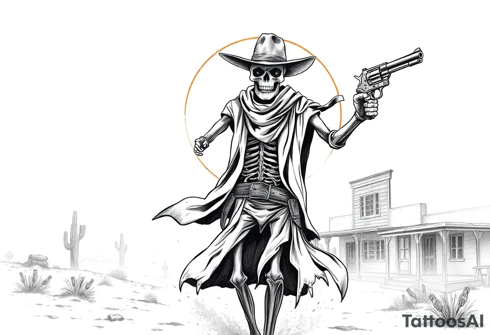 In the heart of a ghost town swallowed by the desert, a lone figure strides through the dust — a skeletal gunslinger risen from legend. Sun-bleached bones glint beneath his tattered duster, and wind whips around him like whispers of forgotten duels. With one bony hand, he pulls down a worn bandana, revealing a grinning skull locked in a permanent, menacing sneer. In the other hand, he raises a heavy, timeworn revolver, smoke coiling from its barrel as if it remembers every soul it's sent to the underworld. Behind him, the desert sky burns with the fire of a setting sun, casting long shadows of death and justice. tattoo idea