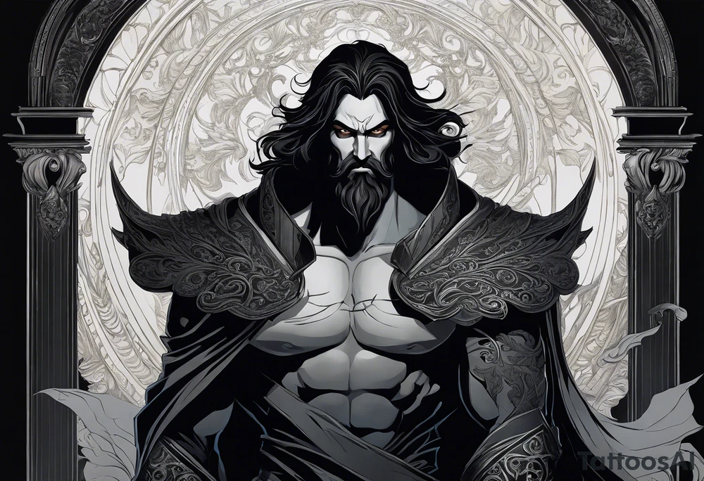 Hadès is depicted with a commanding presence, his features carefully detailed to reflect his dark and enigmatic nature. His face is stern, with deep-set eyes that exude an aura of authority and mystery. His dark, shoulder-length hair and beard are rendered with meticulous shading, adding texture and depth.

He wears a regal but somber cloak, which is intricately detailed with realistic folds and shadows, emphasizing his status as the ruler of the underworld. In one hand, he holds a bident, a two-pronged staff symbolizing his power over the dead. The bident is rendered with fine detail, including ornate designs along its handle.

The background is kept minimalistic to ensure the focus remains on Hadès himself. The tattoo highlights realistic textures and shadows, bringing out the god’s formidable and brooding presence. The overall effect captures the essence of Hadès as a powerful and revered deity of the Greek pantheon. tattoo idea